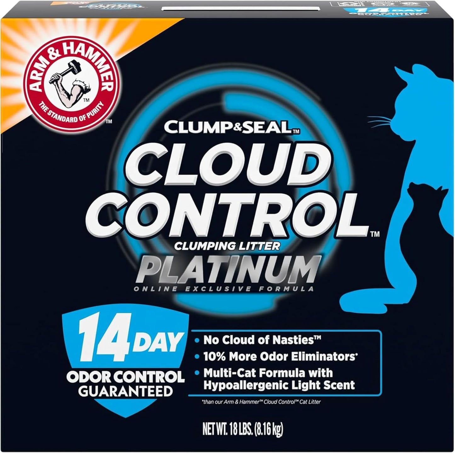 ARM & Hammer Cloud Control Platinum Cat Litter, Hypoallergenic, Dust-Free, Multi-Cat, 14-Day Odor Control, 18 lbs – Dander Shield & Baking Soda