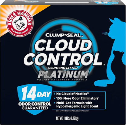ARM & Hammer Cloud Control Platinum Cat Litter, Hypoallergenic, Dust-Free, Multi-Cat, 14-Day Odor Control, 18 lbs – Dander Shield & Baking Soda