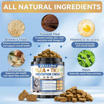 Flea and Tick Prevention Support Drop for Dogs & Cats + 200 Chews for Cats | Pets Oral Natural Supplement Flea and Tick Treatment for All Breeds and Ages