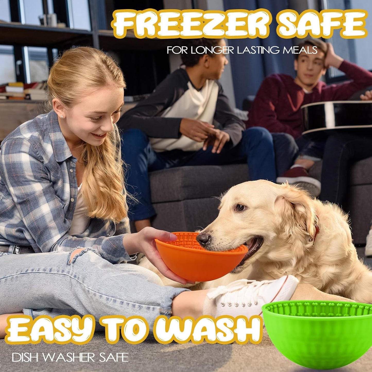 Patelai 2 Pcs Dog Enrichment Lick Bowls Silicone Freeze Bowls Interactive Cat Licking Mats Slow Feeders for Pet Oral Health Boredom Anxiety Relief, Wobble or Stay Put (Orange, Green,Bone)