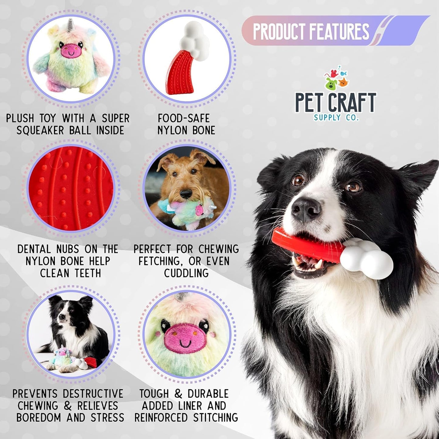 Pet Craft Supply Puppy Teething Dental Chew Teeth Cleaning Nylon Bone Squeaky Plush Dog Toys with Super Squeaker Ball 2 Pack Cute Tough Durable for Puppies Small Medium Dogs Aggressive Chewers