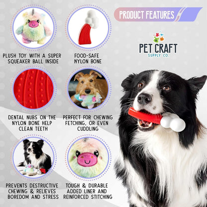 Pet Craft Supply Puppy Teething Dental Chew Teeth Cleaning Nylon Bone Squeaky Plush Dog Toys with Super Squeaker Ball 2 Pack Cute Tough Durable for Puppies Small Medium Dogs Aggressive Chewers