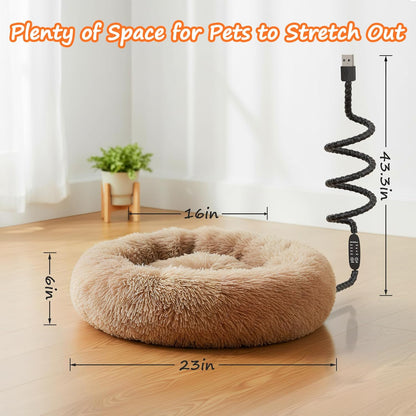 Heated Cat Bed for Indoor Cats, 23-inch Cozy Donut with USB Power, Adjustable Temperature & Timer, Machine Washable Cover for Small & Medium Cats (Camel)