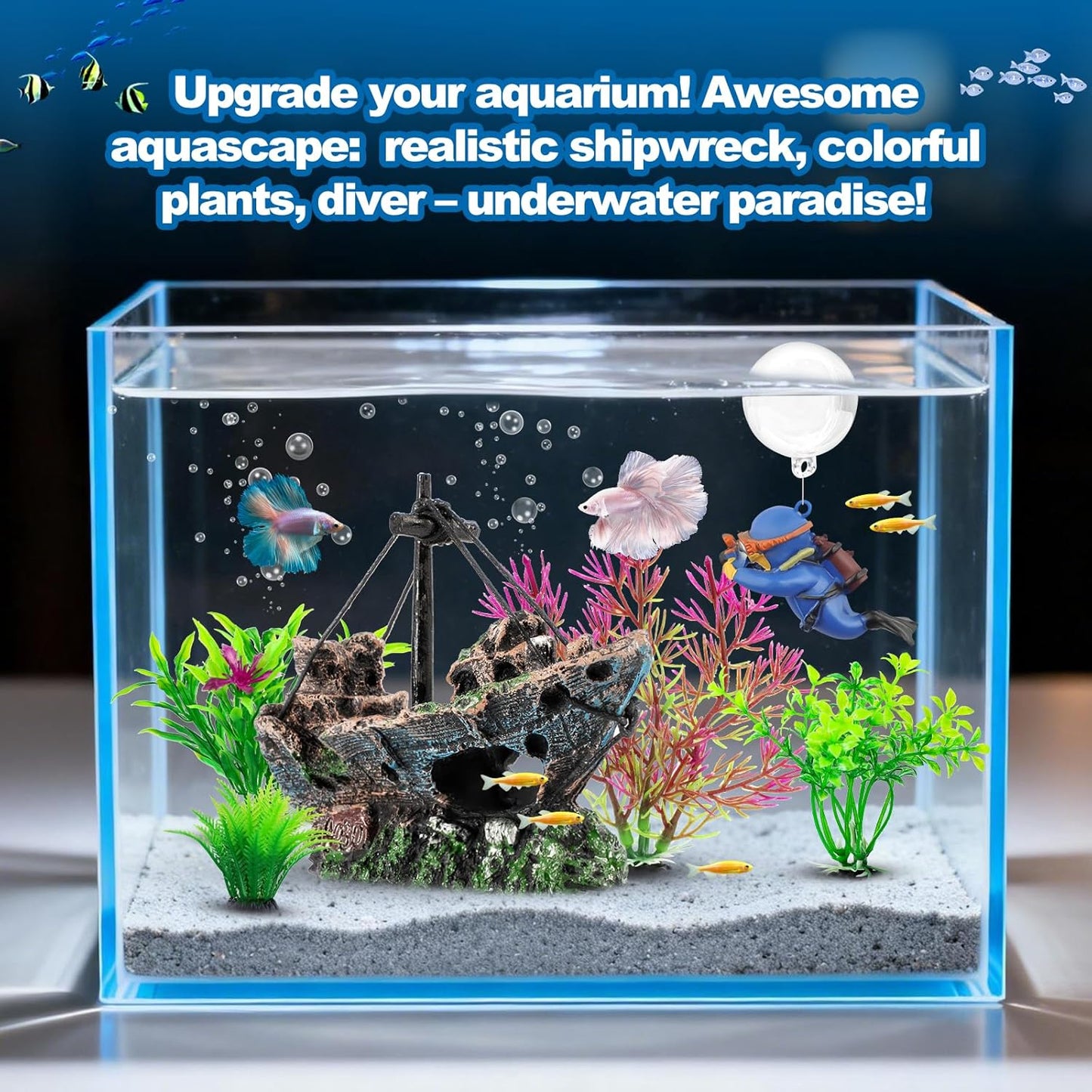 6 Pcs Aquarium Decor Set Shipwreck Decoration Little Diver Floating Fish Tank Decoration Fish Tank Plants