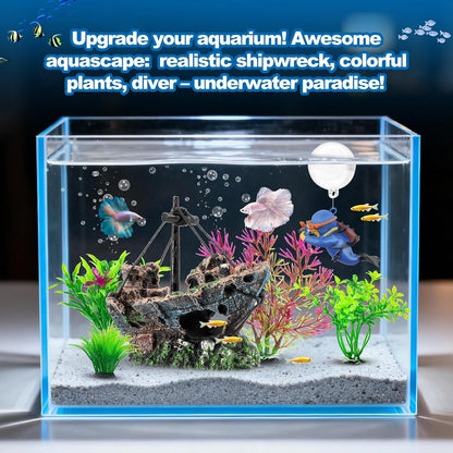 6 Pcs Aquarium Decor Set Shipwreck Decoration Little Diver Floating Fish Tank Decoration Fish Tank Plants