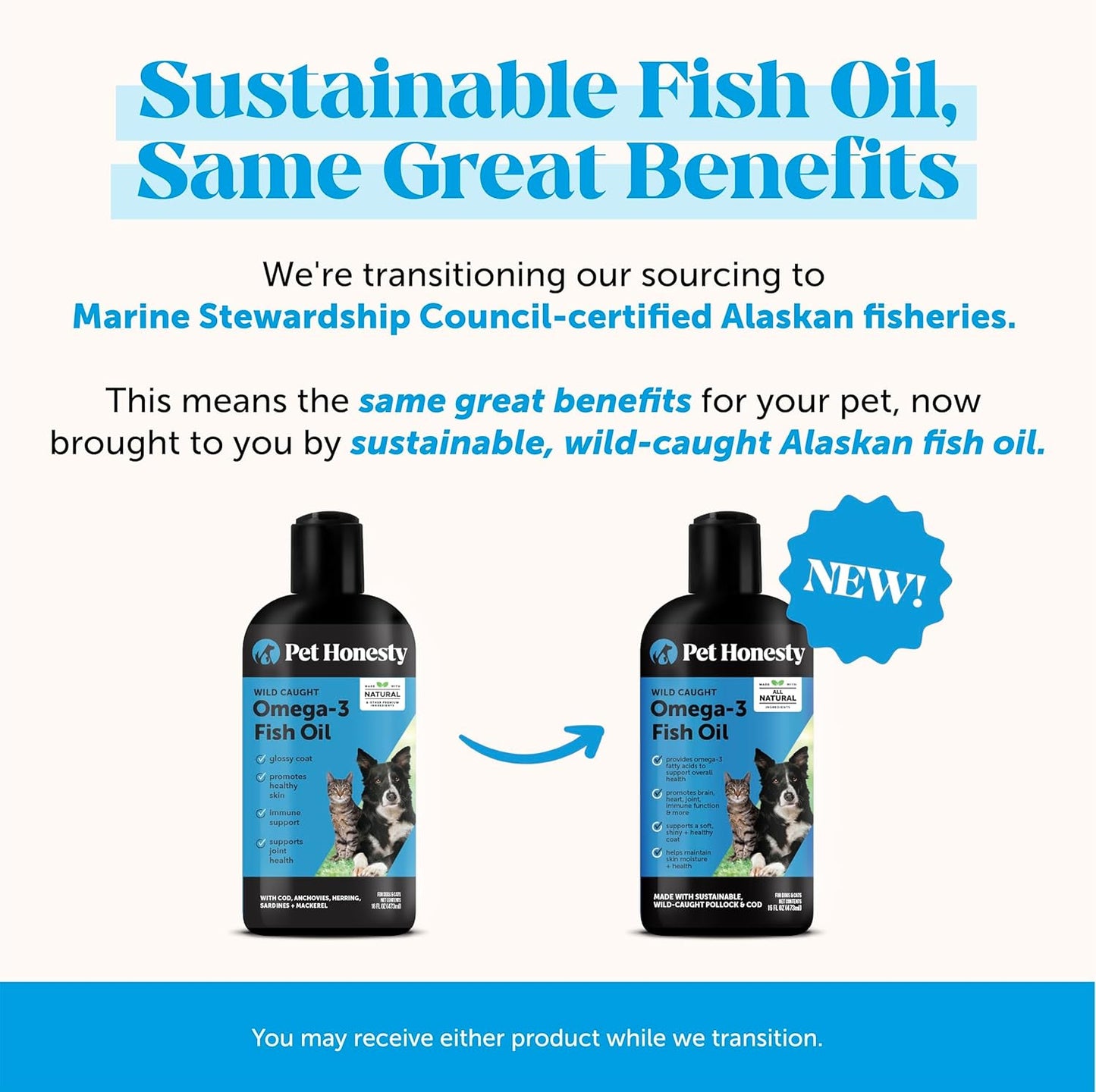 Omega 3 Fish Oil Supplement for Dogs & Cats (16oz), Wild Caught Omega 3 Fish Oil for Skin and Coat Health, Supports Shedding, Skin & Coat, Immunity, Joint, Brain & Heart, EPA + DHA