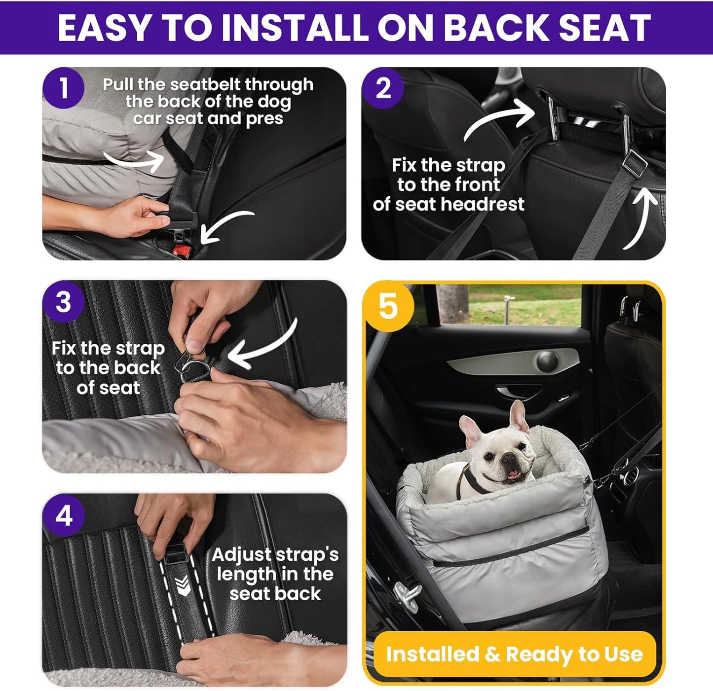 BurgeonNest Dog Car Seat for Small Dogs, Fully Detachable and Washable Cat Carseats Under 25 lbs, Soft Pet Booster Seats with Storage Pockets and Clip-On Leash Portable Car Travel Carrier Bed, Grey