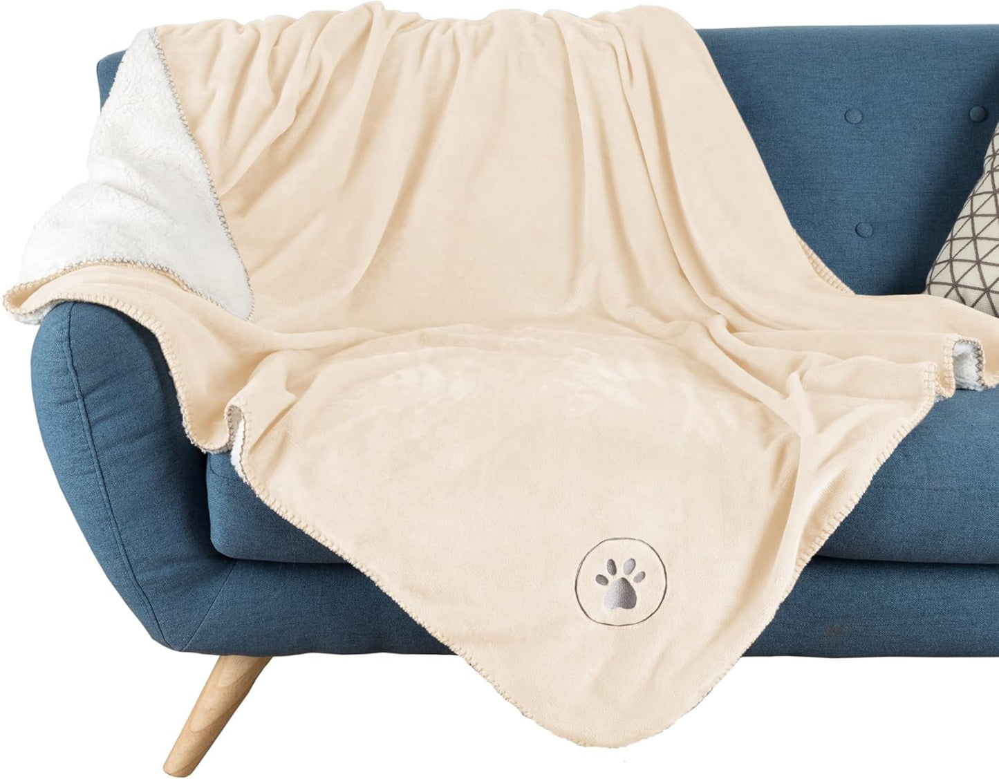 PETMAKER Waterproof Pet Blanket - 50x60-Inch Reversible Sherpa Fleece Throw Protects Couches, Cars, and Beds from Spills, Stains, and Fur (Cream)