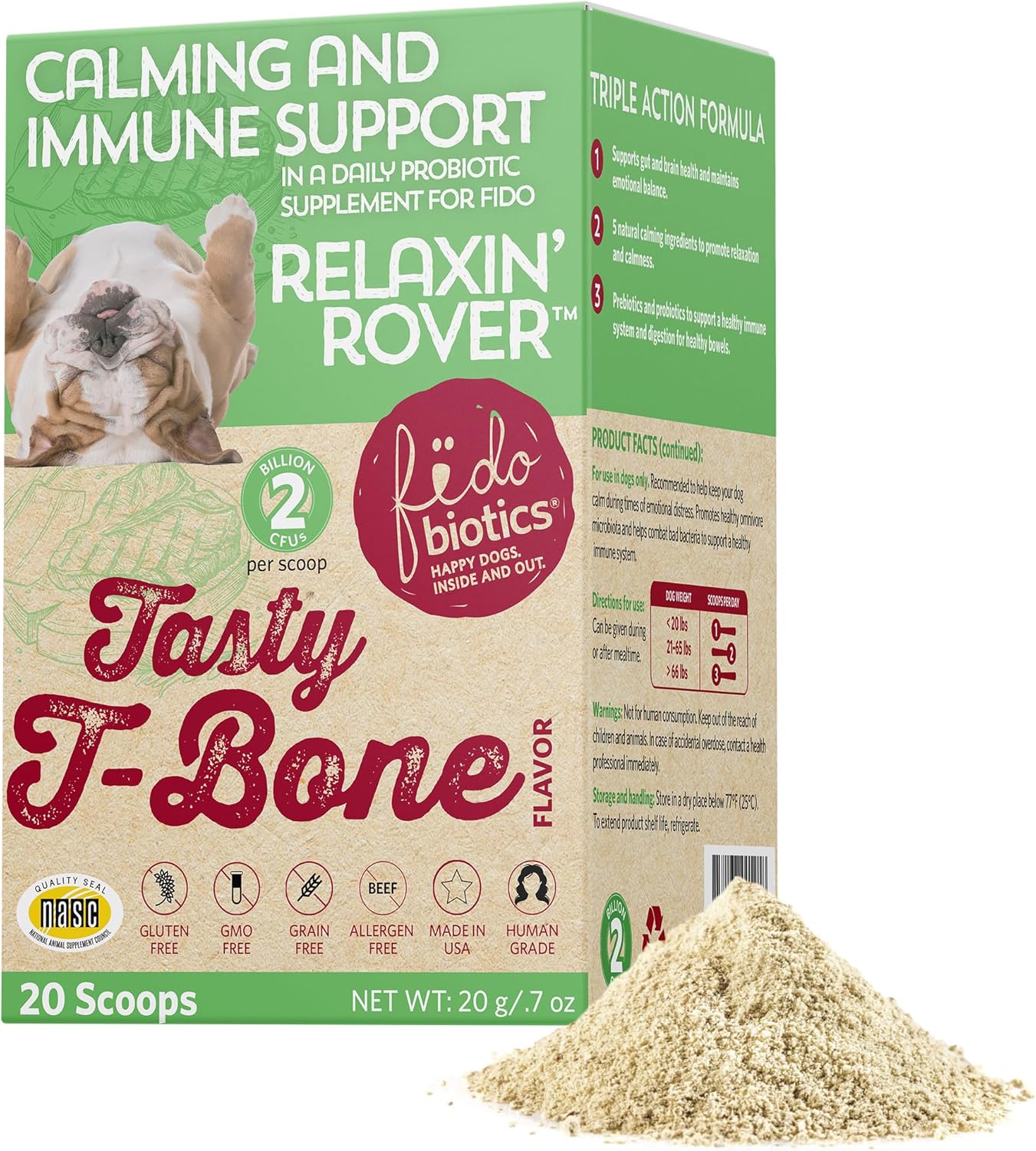 Fidobiotics Relaxin’ Rover Calming Supplement, Probiotics for Dogs with Valerian, Chamomile & GABA for Stress & Anxiety Relief, Tasty T-Bone Flavor 20 Servings