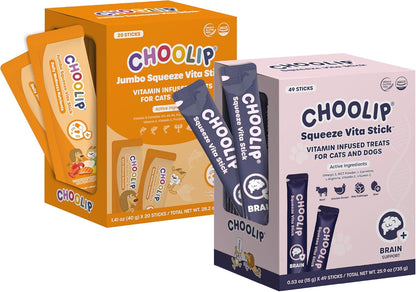 Choolip Bundle | 20pc Jumbo Squeeze Vita Sticks with Essential multivitamins + 49 Brain Support Squeeze Vita Sticks with Essential multivitamins [Both Products are for Cats & Dogs of All Life Stages]