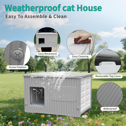 Plastic Cat House Outdoor & Indoor, Feral Cat Houses with Mat, Waterproof Outdoor Cat House for Feral Cats, Outside Cat Shelter for Small Pet, Assemble and Clean Easily