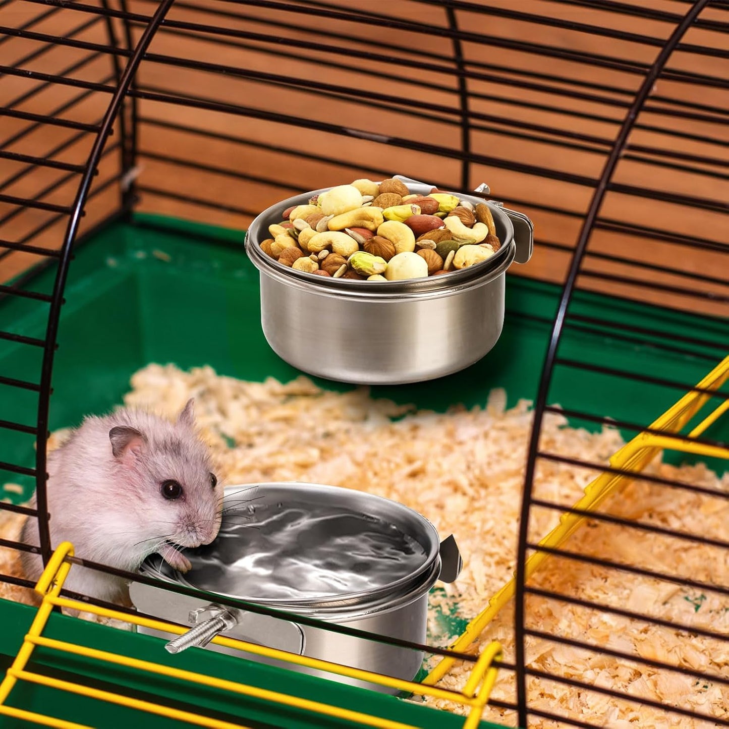 Okllen 4 Pack Bird Feeding Dish Cups, Detachable Stainless Steel Bird Food Bowls with Clamp for Chinchilla Parrot Cockatiel Conure Budgies Parakeet Small Animal