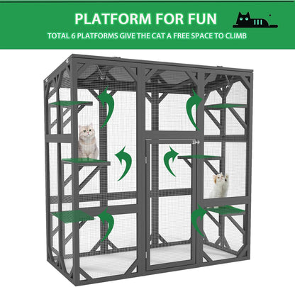 Ball & Cast 59" Wooden Catio Enclosure Outdoor Cat House with Anti-UV& Waterproof, Platforms and Resting Boxes Walk-in Cat Kennel Shelter for Indoor,Dark Grey