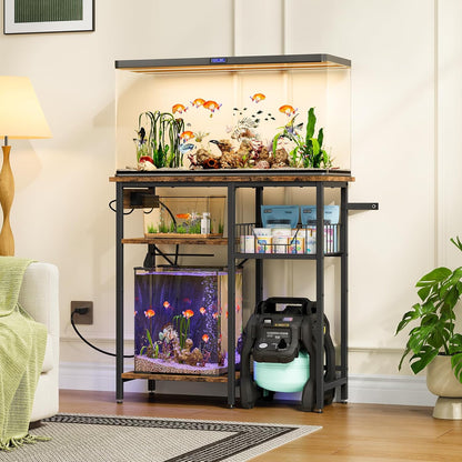 Fish Tank Stand with Power Outlet, Aquarium Stand with Wire Storage Basket, 10-15 Gallon Reptile Tank Stand with Shelves, Aquarium Table, for Home, Office, Rustic Brown and Black TCW78UBF