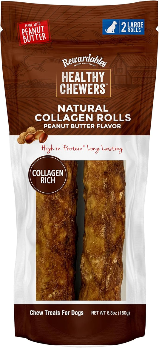 Healthy Chewers Peanut Butter Collagen Rolls 2 Count | High Protein, Long Lasting, Collagen Rich Chews for Large Dogs