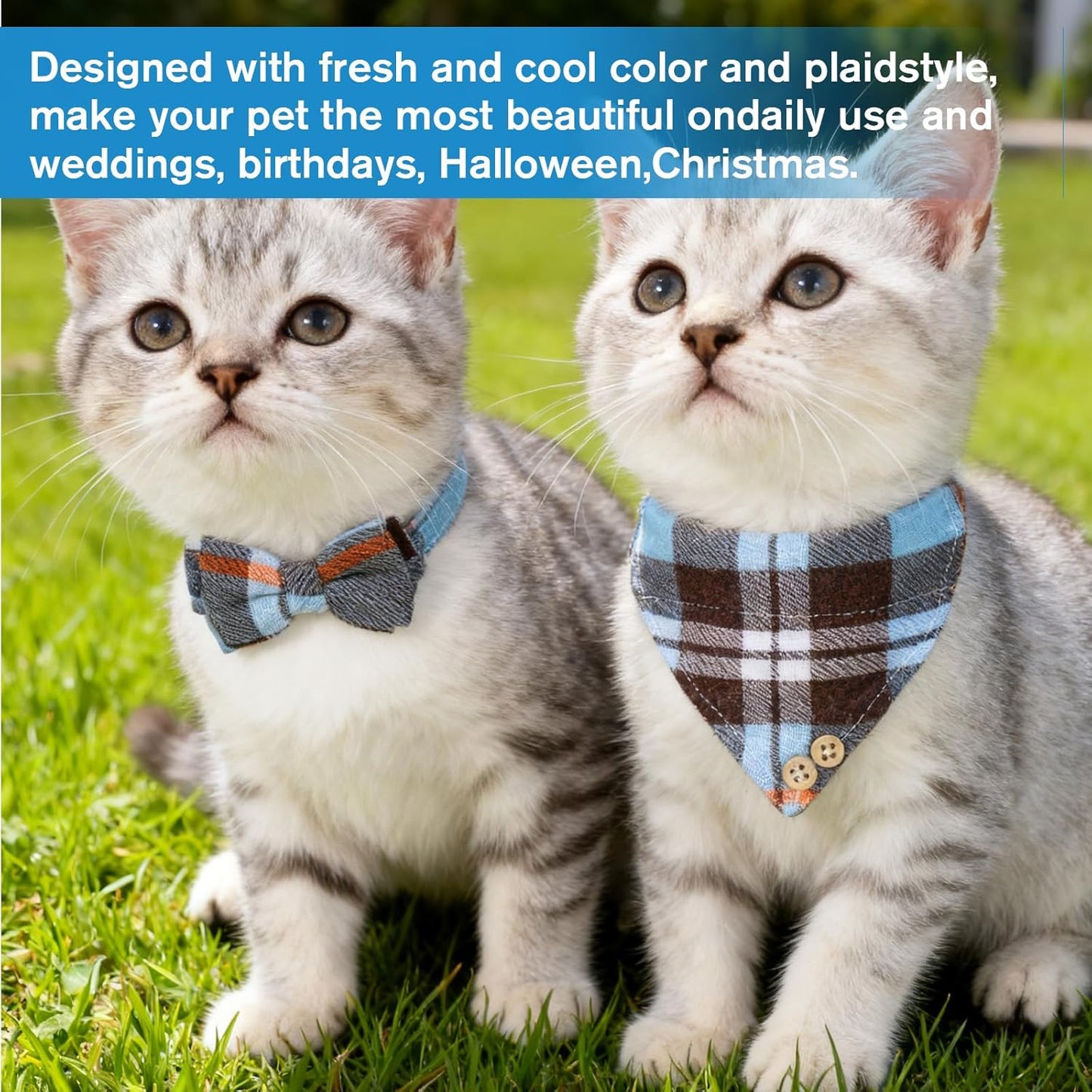 2 Pcs Cat Bandana, Cat Tie Collar with Bells Breakaway Kitten Collars Adjustable Safety Pet Collars for Cats Puppy and Small Pets