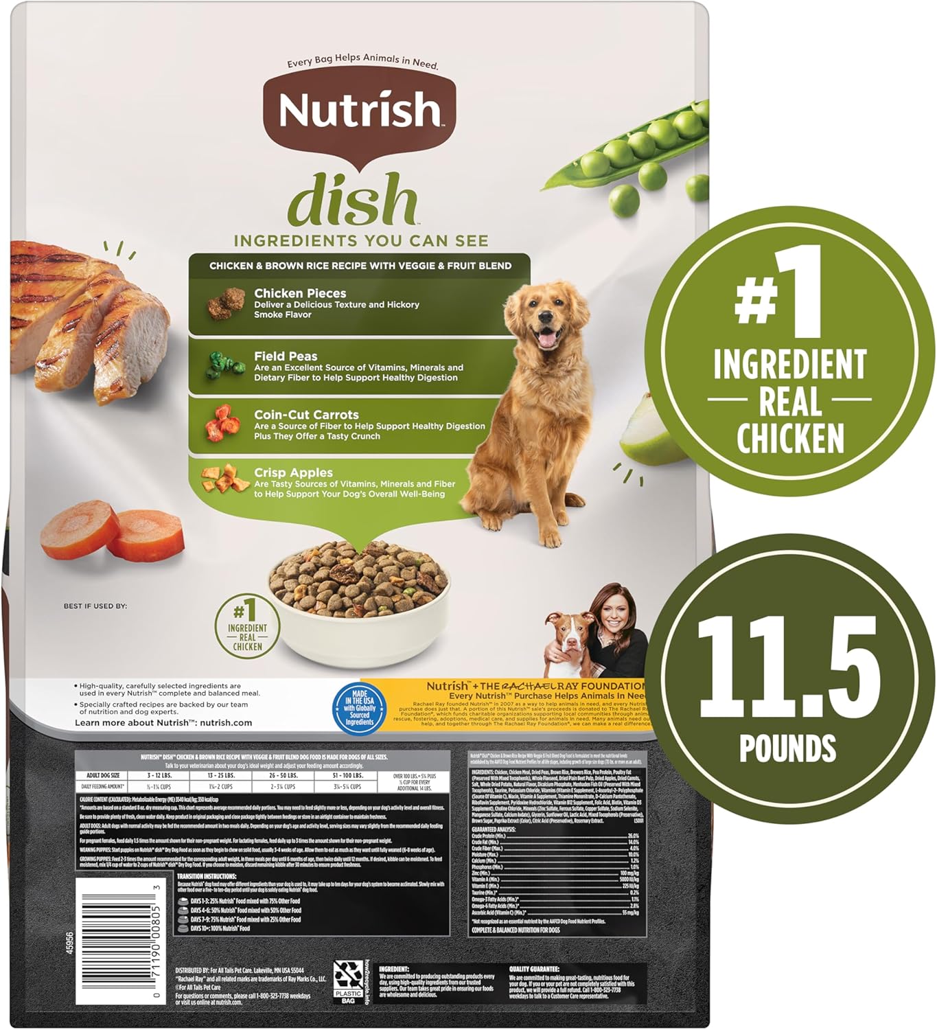 Nutrish Dish Chicken & Brown Rice Recipe with Veggie & Fruit Blend Dry Dog Food, 11.5 lb. Bag, Packaging May Vary (Rachael Ray)