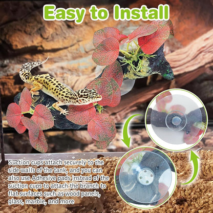 kathson 2 PCS Reptile Corner Branch Resin Snake Climbing Accessories with Leaves Terrarium Plant Decoration with Suction Cup for Frog Lizard Bearded Dragon Gecko Spider Climbing 7.8 x 3.1 x 1.4 inches