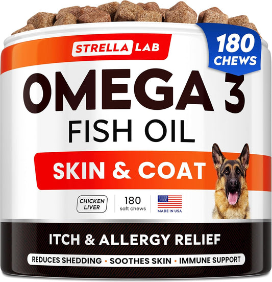 StrellaLab Fish Oil Omega 3 Treats for Dogs (180 Treats) - Allergy & Itch Relief - Skin & Coat Supplement - Joint Health - Wild Alaskan Salmon Oil - Shedding, Itchy Skin Relief - Omega 3 6 9 - EPA&DHA
