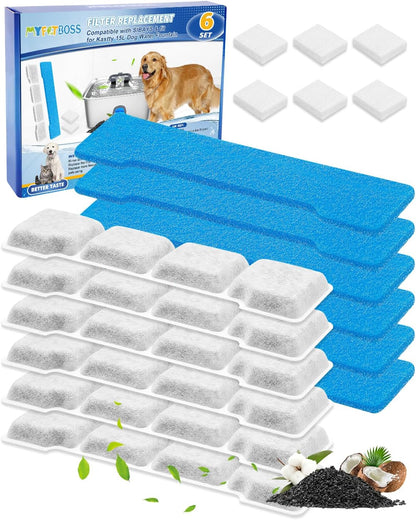 6 Set Pet Water Fountain Filter Replacement Kit Compatible with SIBAYS 15L/4Gal, Fit for Kastty Dog Water Fountain Stainless Steel, 6 Pre-Filter+6 Filters+6 Sponges