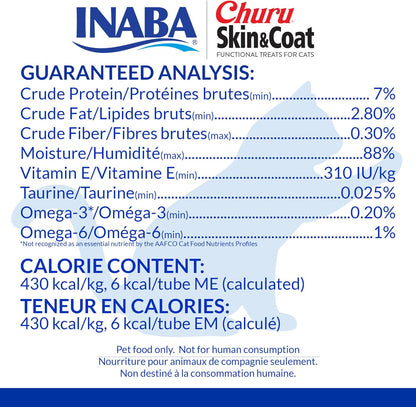 INABA Churu Lickable Purée Natural Cat Treats for Skin and Coat with Omega Oils, Taurine and Vitamin E, 0.5 Ounces Each Tube, 50 Tubes, Skin & Coat Variety