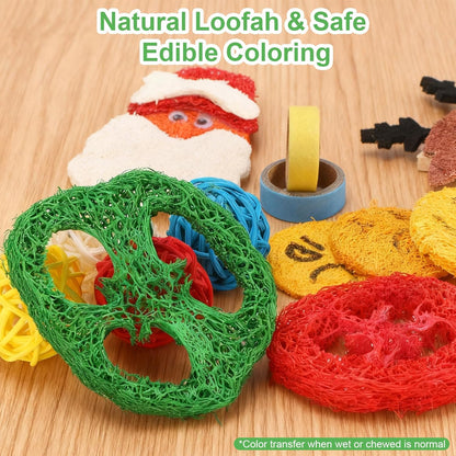 Christmas Bunny Chew Toy, 15 Pcs Natural Loofah Chew Toys for Guinea Pig Kitten Rabbit Hamster Chinchillas Gerbil Budgie,Chew Toys for Teeth & Cage Deco