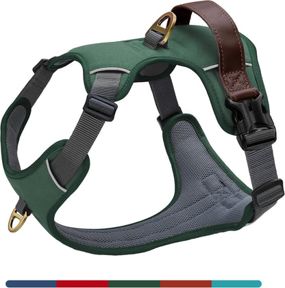 No Pull Dog Harness Small Sized Dog,Stylish PU Leather Vest with Easy Control Handle,No Choke Front Clip with 2 Metal Leash Clips,Reflective & Adjustable for Walking,Green,Chest 19-24"