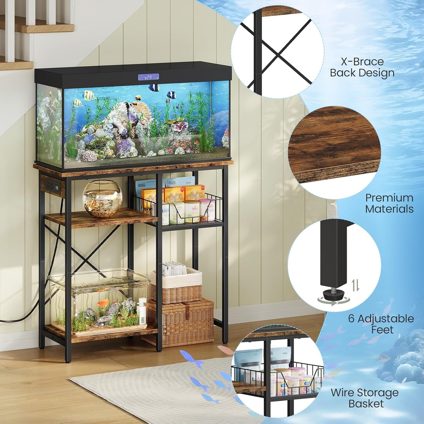 Fish Tank Stand with Power Outlet, Aquarium Stand with Wire Storage Basket, 10-15 Gallon Reptile Tank Stand with Shelves, Aquarium Table, for Home, Office, Rustic Brown and Black TCW78UBF