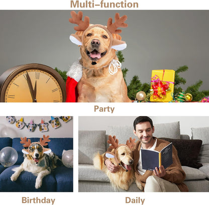 Beviliu Dog Reindeer Antlers Headband, Brown Dog Christmas Antlers Costume for Medium Large Dogs Fluffy Elastic Pet Costume, Adjustable Deer Antlers for Dogs & Cats Halloween Party Birthday