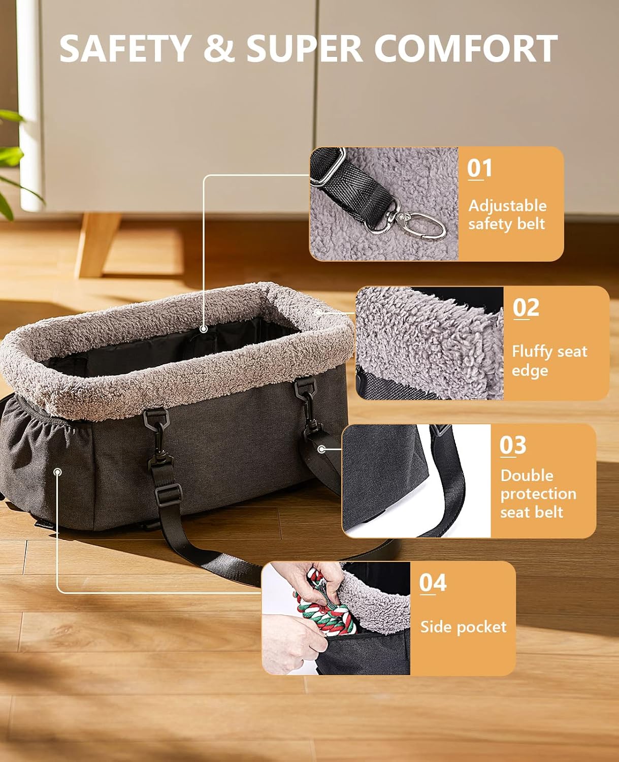 BurgeonNest Dog Car Seat for Small Dog, Center Console Pet Booster Seat with Metal Frame, Upgraded Puppy Carseat with Double Protection Seat Belts, Washable Cushion, Safety Leash and Storage Pocket