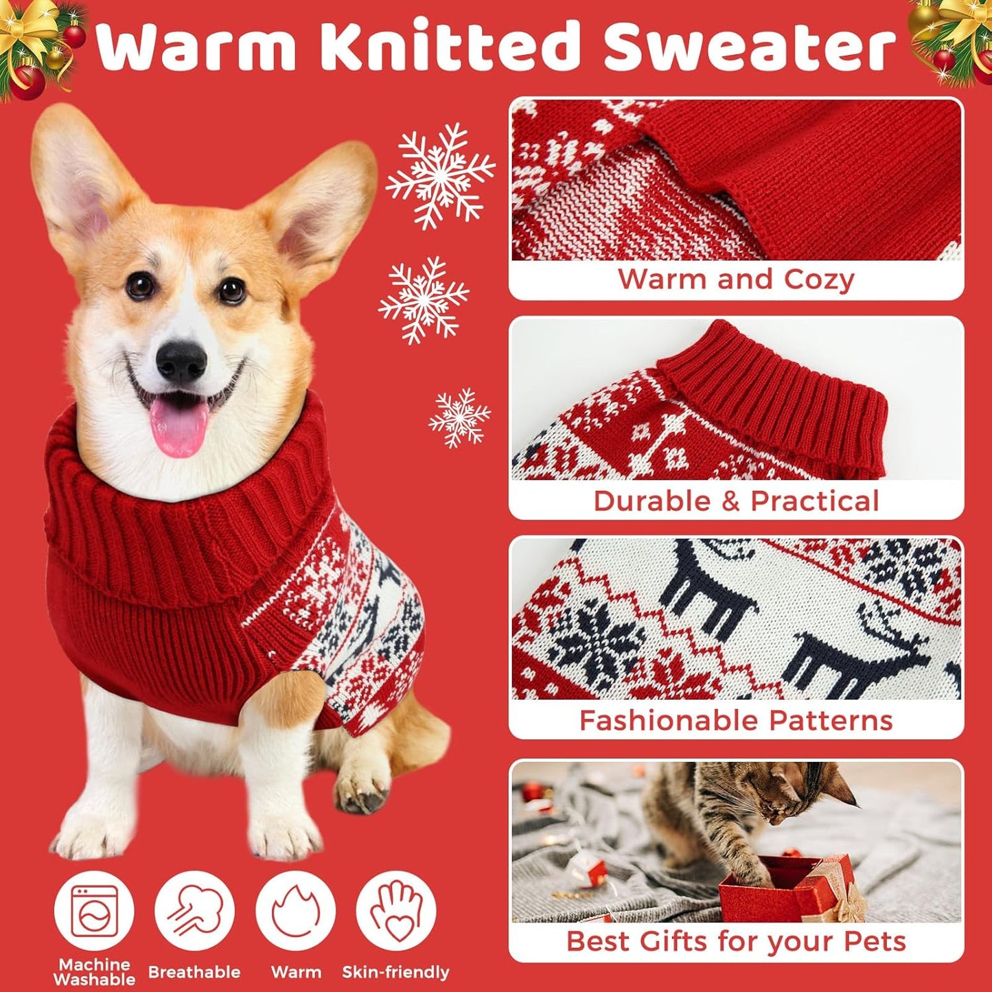 Christmas Dog Sweaters for Small Medium Large Dogs and Cats,Pet Soft Warm Holiday Outfit Girl & Boy,Pup Winter Clothes Turtleneck Double Knitting Collar for Outdoors Playing (Deer, M)