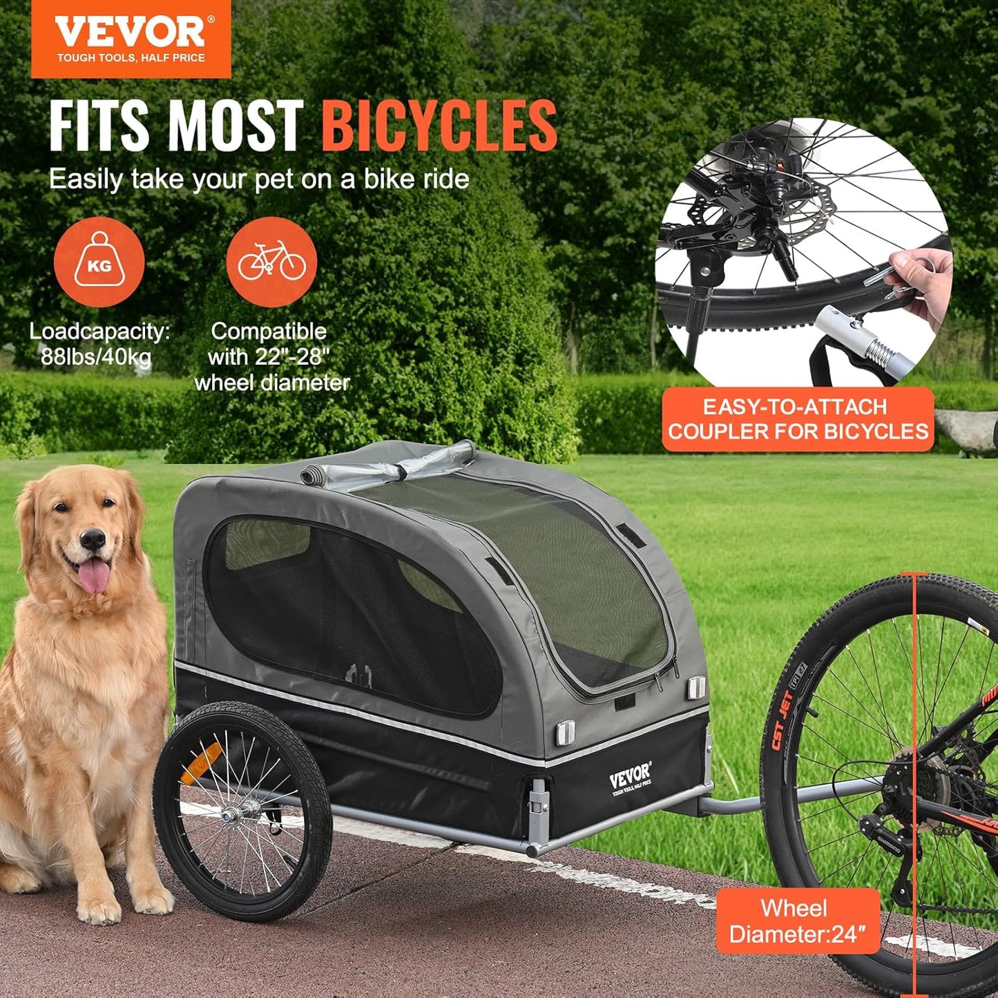 VEVOR Dog Bike Trailer, Supports up to 88 lbs, Pet Cart Bicycle Carrier, Easy Folding Frame with Quick Release Wheels, Universal Bicycle Coupler, Reflectors, Flag, Collapsible to Store