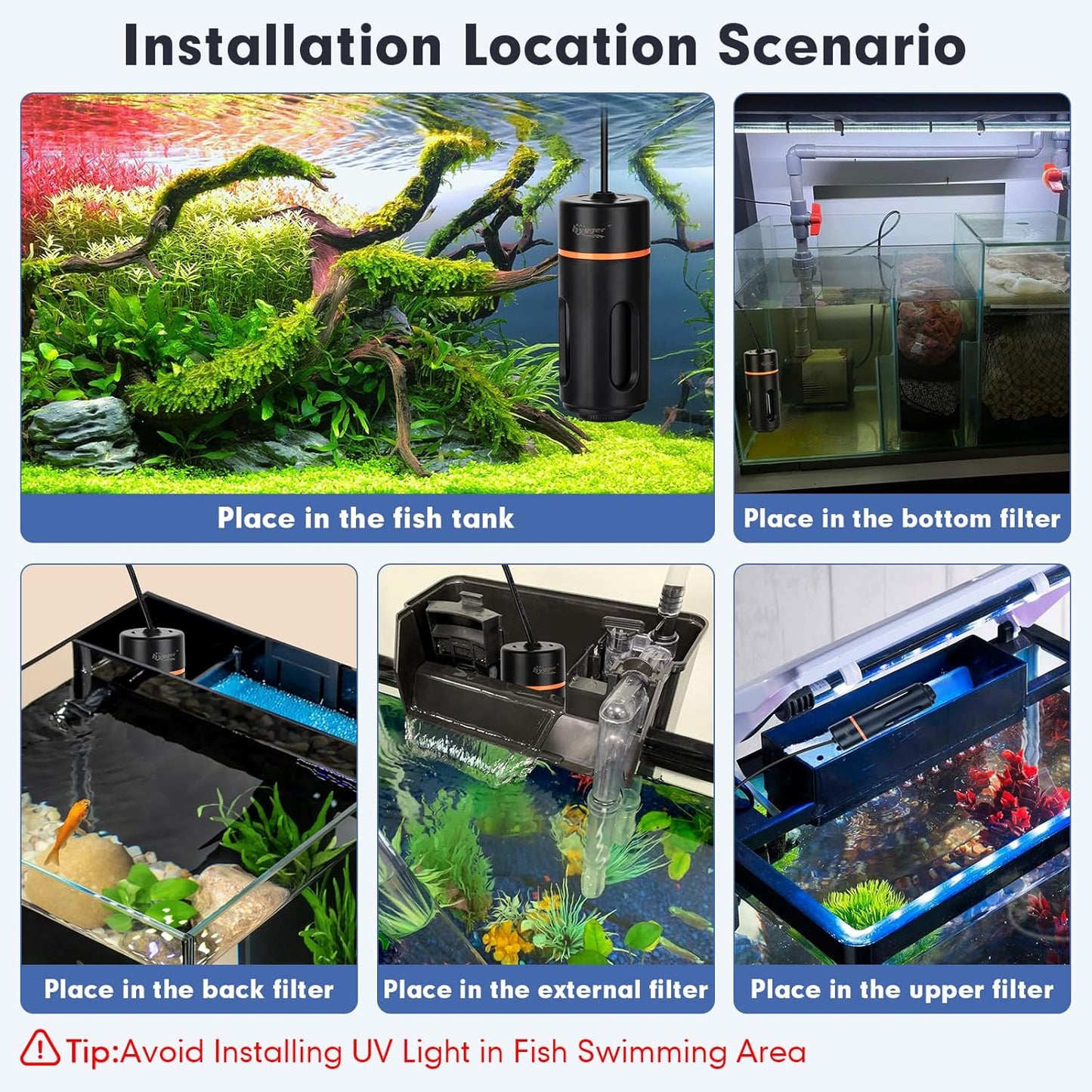 hygger Aquarium U-V Light with Timer, 360° Protective Shield Light for Green Water and Algae Cleaning with 2 PCS Replacement Bulbs for Freshwater Saltwater Tank (5W for 13-40 Gallon)