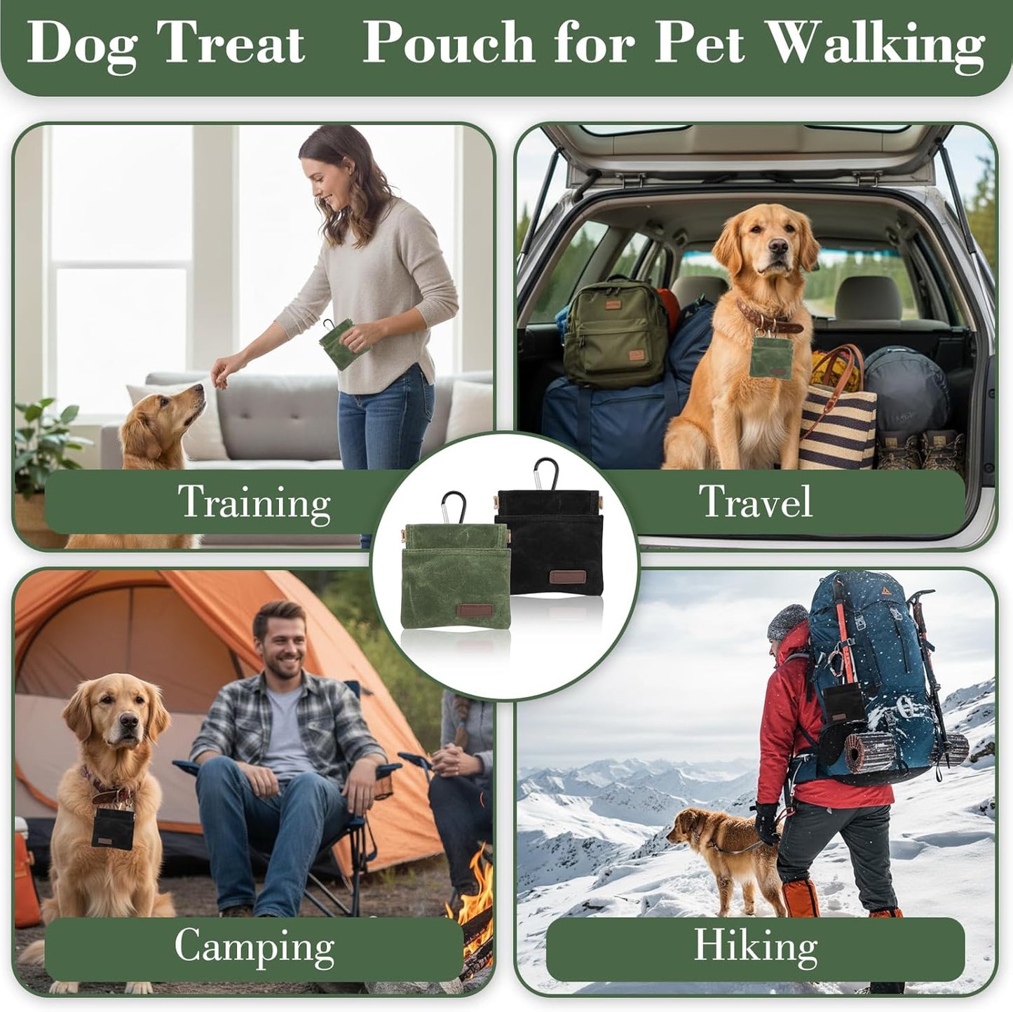 Thinp 2 Pcs Treat Pouches for Pet Training, Hand Free Dog Treats Pouch Auto Closing Dog Training Treat Pouch Portable Dogs Walking Bag for Puppy Travel or Outdoor Use (Black, Green)