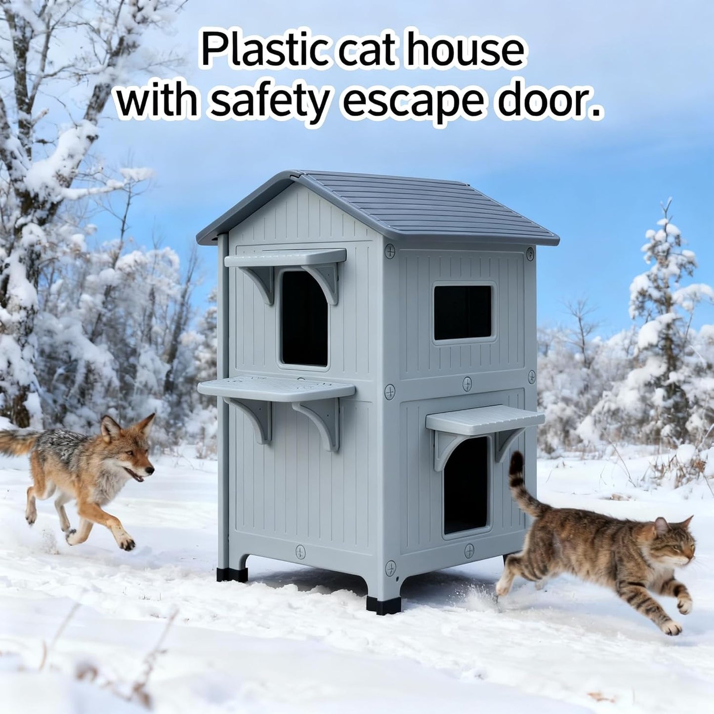 Weatherproof Heated Outdoor Cat House for Feral Cat, 2 Storey Elevated Plastic Insulated Cat Shelter with Escape Door, Expansive Interior‌ Grey 34" D x 21" W x 21.5" H