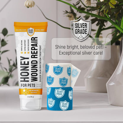 Best Hot Spot Treatment for Dogs & Horses – Dog Wound Care with Silver for Scratches, Sores, Rashes, Irritations – Honey Wound Repair Ointment in Gel Form for Horses & Cats + 2 Bandages – 2 Oz