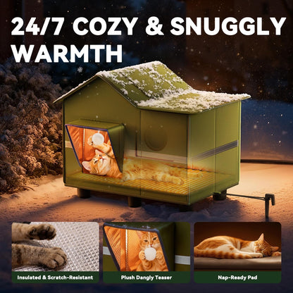 Heated Cat Shelter for Outside, Large Outdoor Cat House with Roof Window and Cozy Cushion, Weatherproof Foldable and Easy Assembly Design, Ideal for Stray and Feral Cats