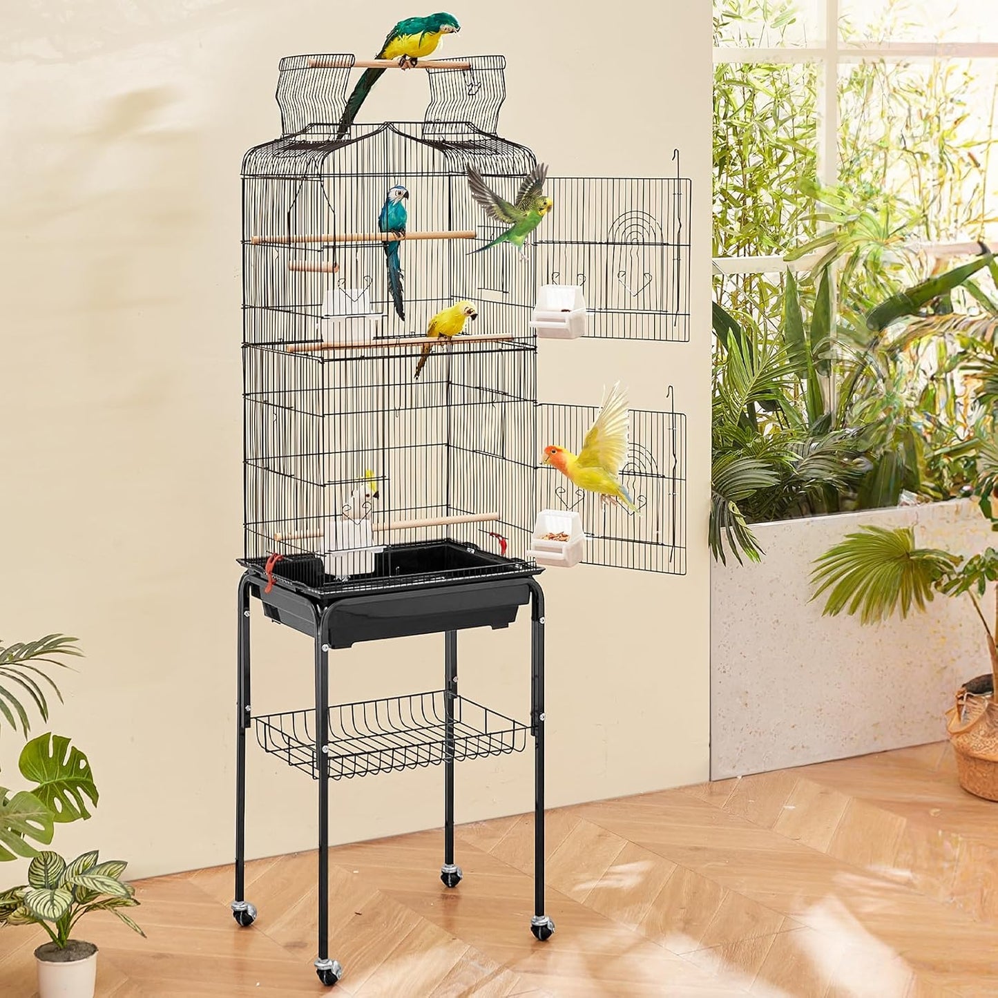 VEVOR 64-inch Open Top Large Parrot Bird Cage with Detachable Rolling Stand for Parakeets Finches Canaries Lovebirds Cockatiels Budgies Small Quaker Conures Flight Birdcage with Swing and Perch