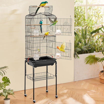 VEVOR 64-inch Open Top Large Parrot Bird Cage with Detachable Rolling Stand for Parakeets Finches Canaries Lovebirds Cockatiels Budgies Small Quaker Conures Flight Birdcage with Swing and Perch