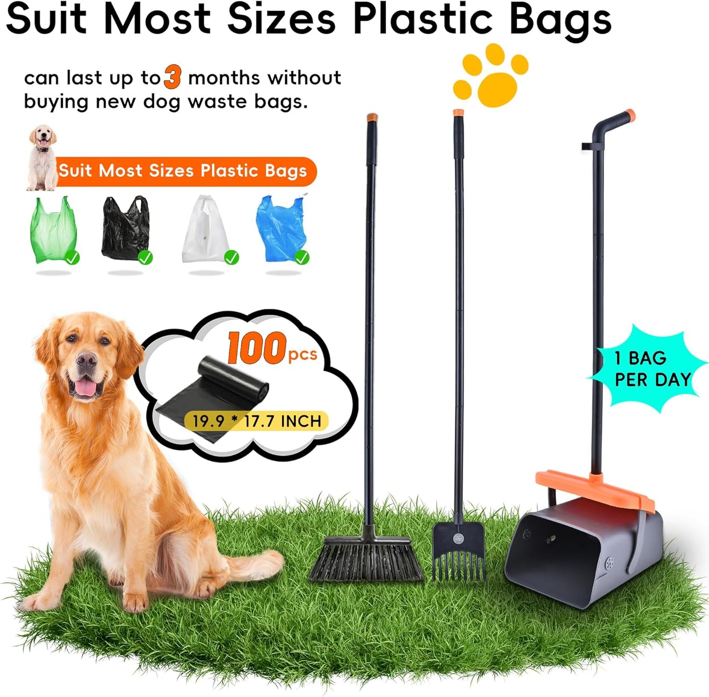 Pooper Scooper Swivel Bin & Rake with 100 Waste Bags and 10pairs of glovesDog Pooper Scooper with Bag Attachment for Large Medium Small Dogs