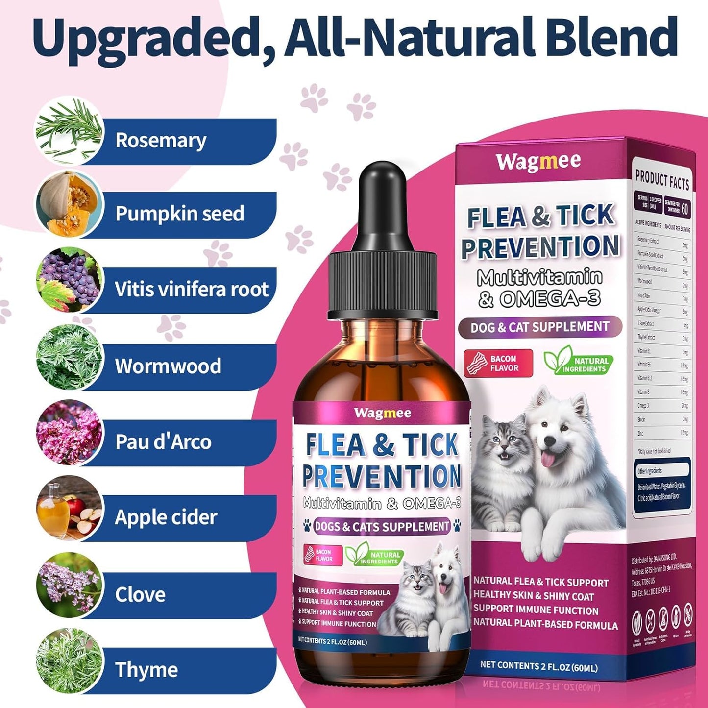 Flea & Tick Prevention for Dog and Cat, Natural Oral Flea & Tick Support Drops with Multivitamin Omega-3 for Pets - Supports Healthy Skin & Coat - Flea Herbal Drops All Breeds and Sizes - Bacon
