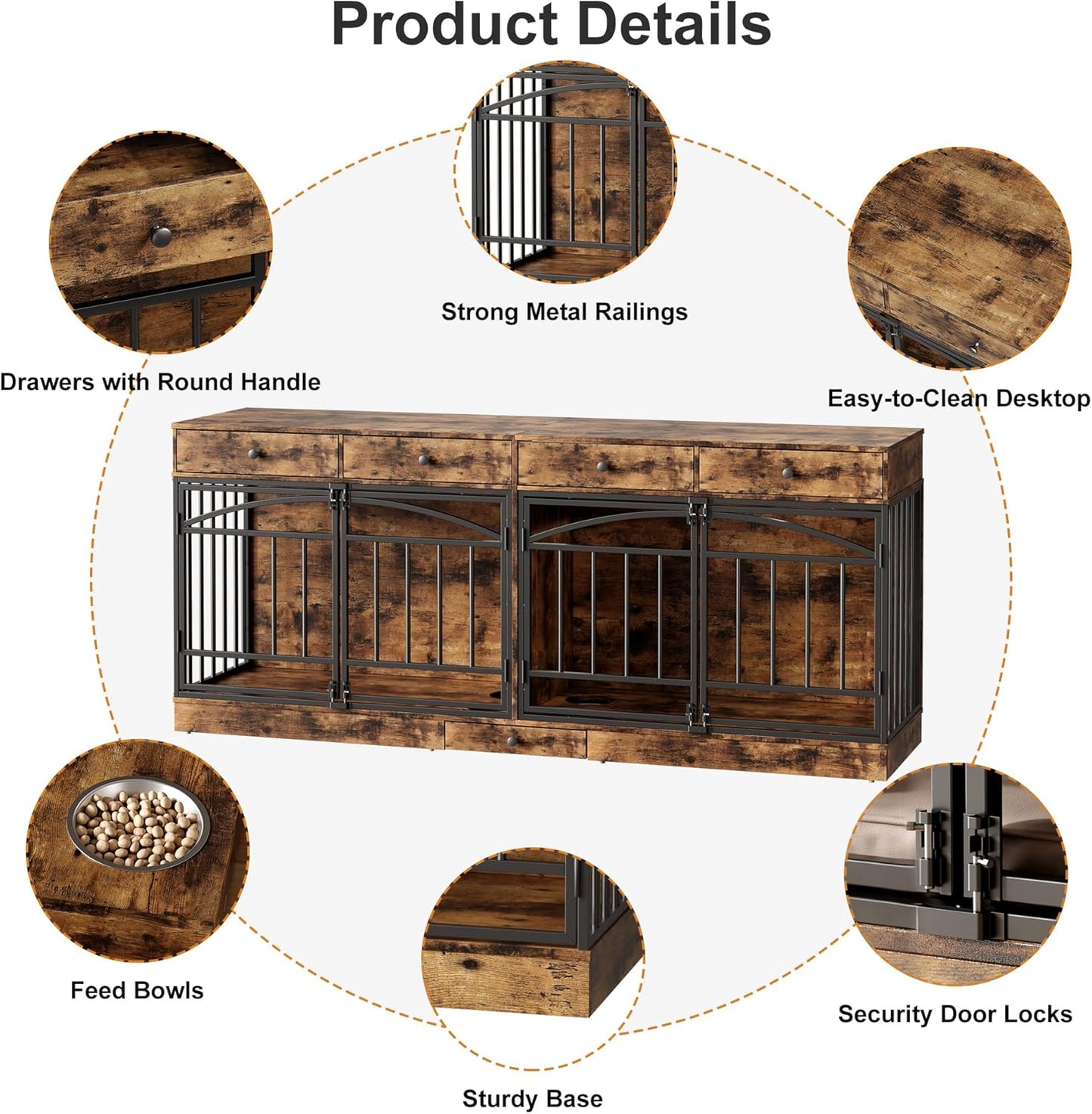 GarveeHome Dog Crate Furniture for 2 Dogs, Dog Kennel Indoor with 4 Storage Drawers and Feeding Bowls, Double Dog Crate TV Stand for Small Medium Dogs, Brown