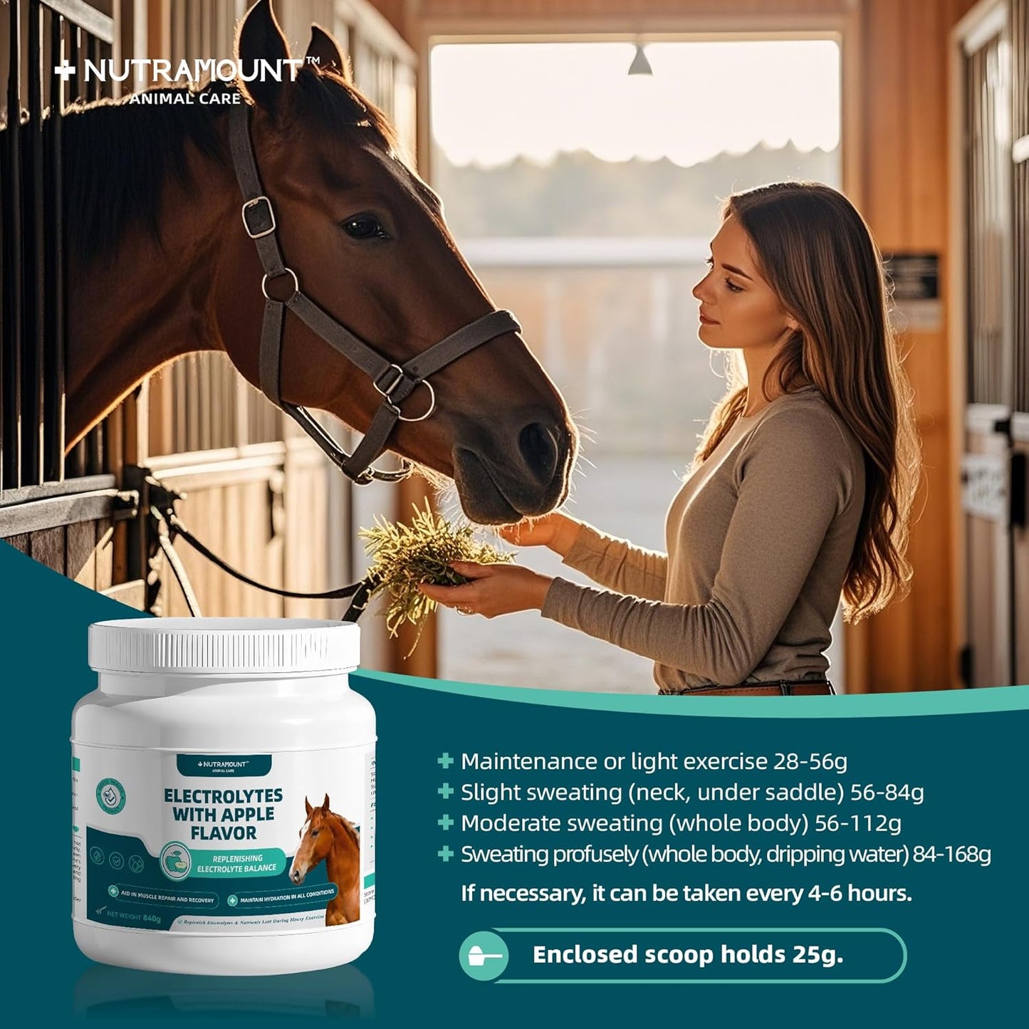 Equine Electrolytes Supplement with Apple Flavor, Replenish Lost Minerals & Support Hydration for Horses During Training, Hot Weather or Travel – 840g