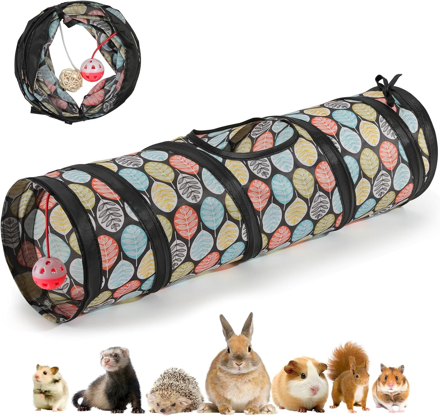 Pawaboo Small Pet Straight Tunnel, 23.6in Guinea Pig Tunnels and Hamster Tubes, Collapsible Small Animal Hideout with Interactive Bell and Balls, for Hamsters Guinea Pigs Rabbits Ferrets Chicks,Leaves