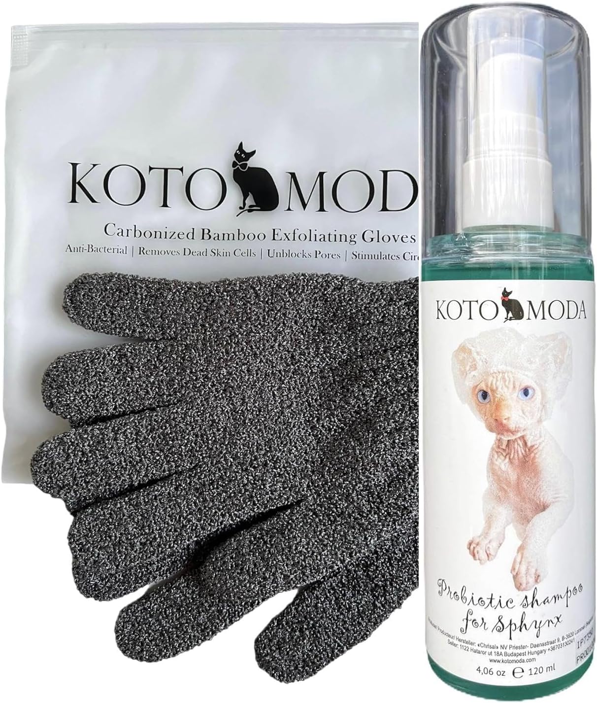 Probiotic Shampoo & Exfoliating Gloves for Sphynx Cats – Gentle Skin Care Set for Hairless Cats – Charcoal Bamboo Bath Gloves & Natural Probiotic Shampoo (4.22 fl oz)