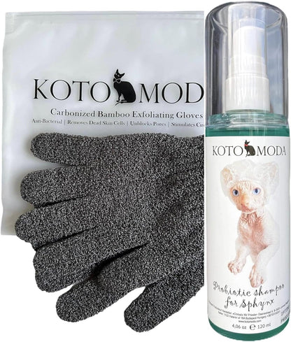 Probiotic Shampoo & Exfoliating Gloves for Sphynx Cats – Gentle Skin Care Set for Hairless Cats – Charcoal Bamboo Bath Gloves & Natural Probiotic Shampoo (4.22 fl oz)