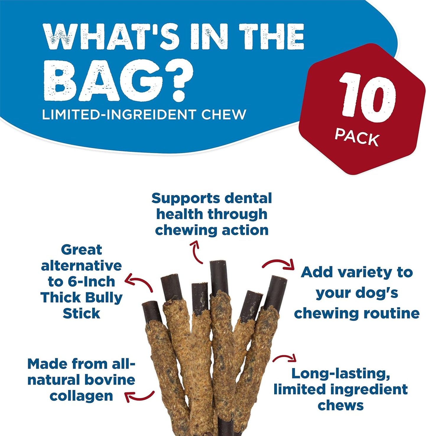 Best Bully Sticks Beef-Wrapped Collagen Sticks - 6 Inch 10 Count (Pack of 1) - Natural, USA Baked and Packed, Easily Digestible, Limited Ingredient, Rawhide Alternative Treat