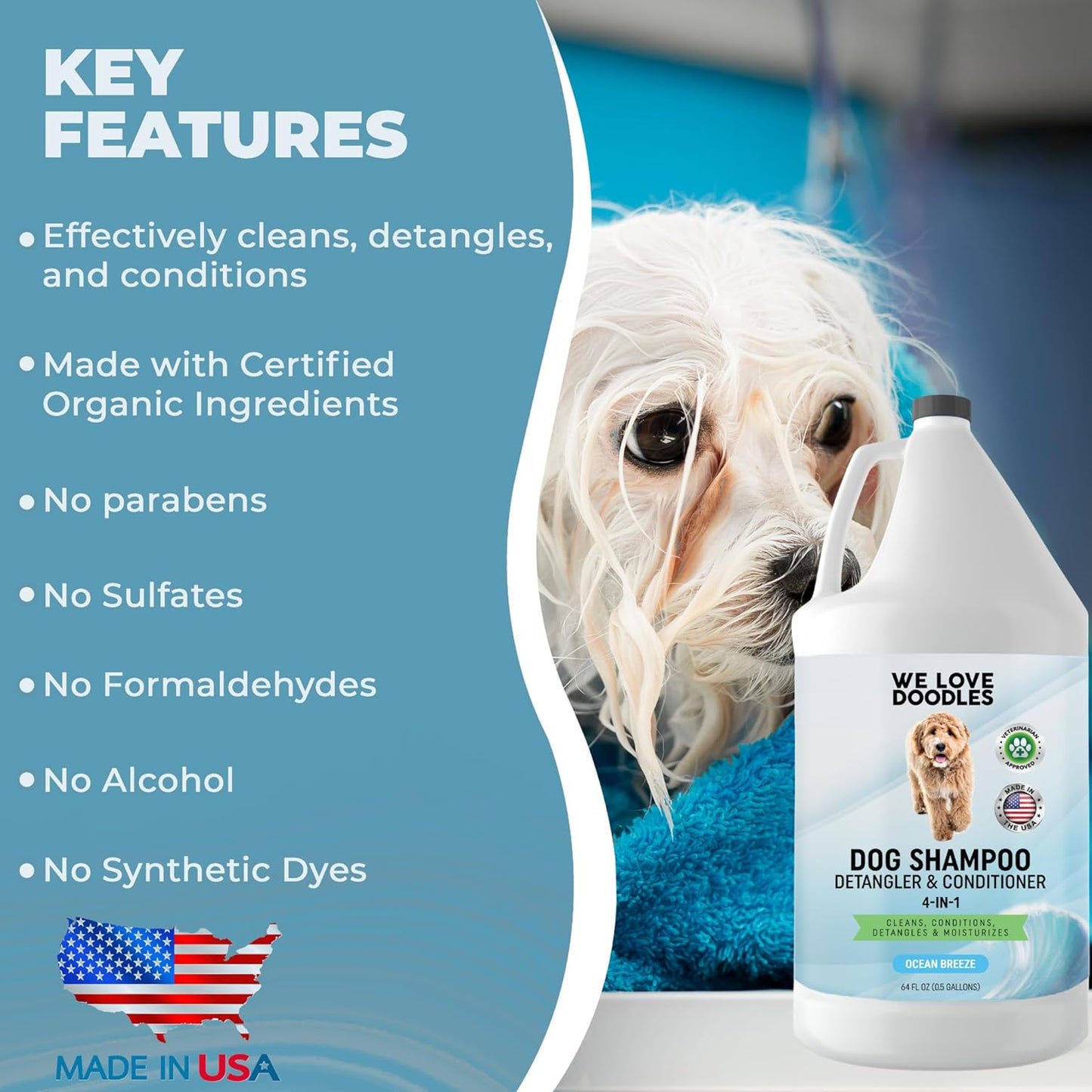 Dog Shampoo Half Gallon - Cleans, Conditions & Detangles, Goldendoodles, Poodles, & Doodle Shampoo - for Matted Pet Hair - Sensitive Skin Wash for Puppies - Made in The USA, 64OZ (Ocean Breeze)