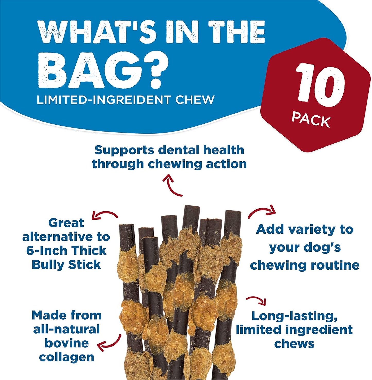 Best Bully Sticks Beef, Chicken, and Pork Kabob Collagen Sticks - 6 Inch 10 Count (Pack of 1) - Natural, USA Baked, Easily Digestible, Limited Ingredient Rawhide Alternative