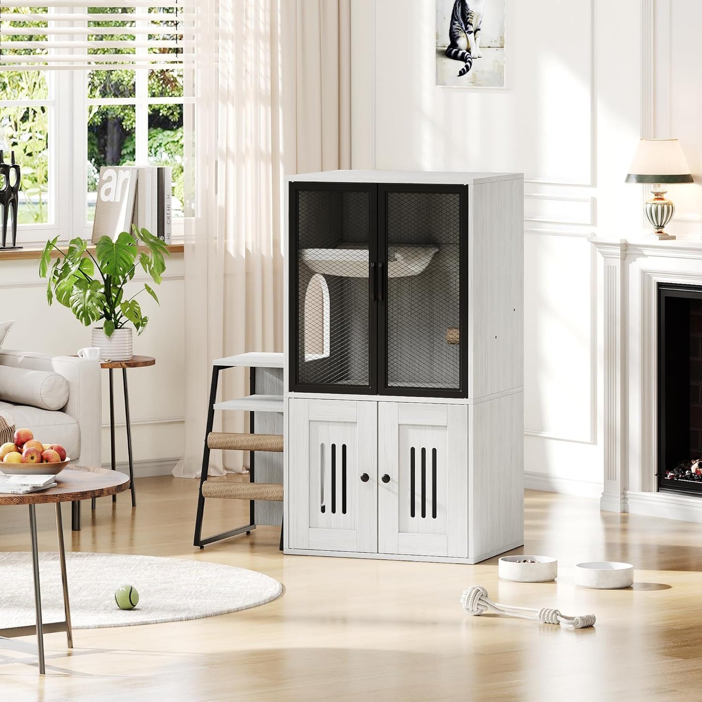 Cat Litter Box Enclosure, Double Layer Enclosed Litter Box Furniture with Door, Cat House with Ladder, White